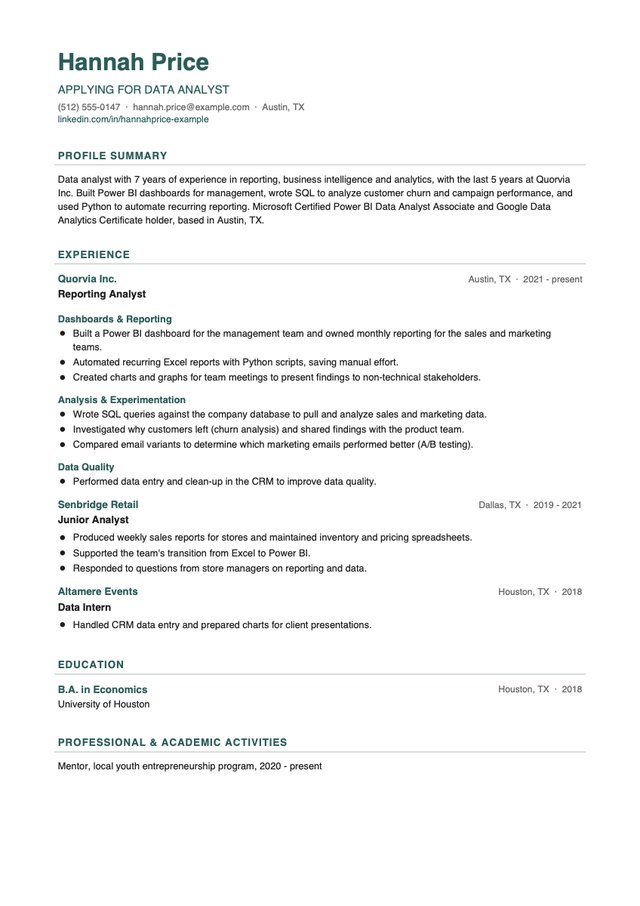 The sample resume in the Modern layout