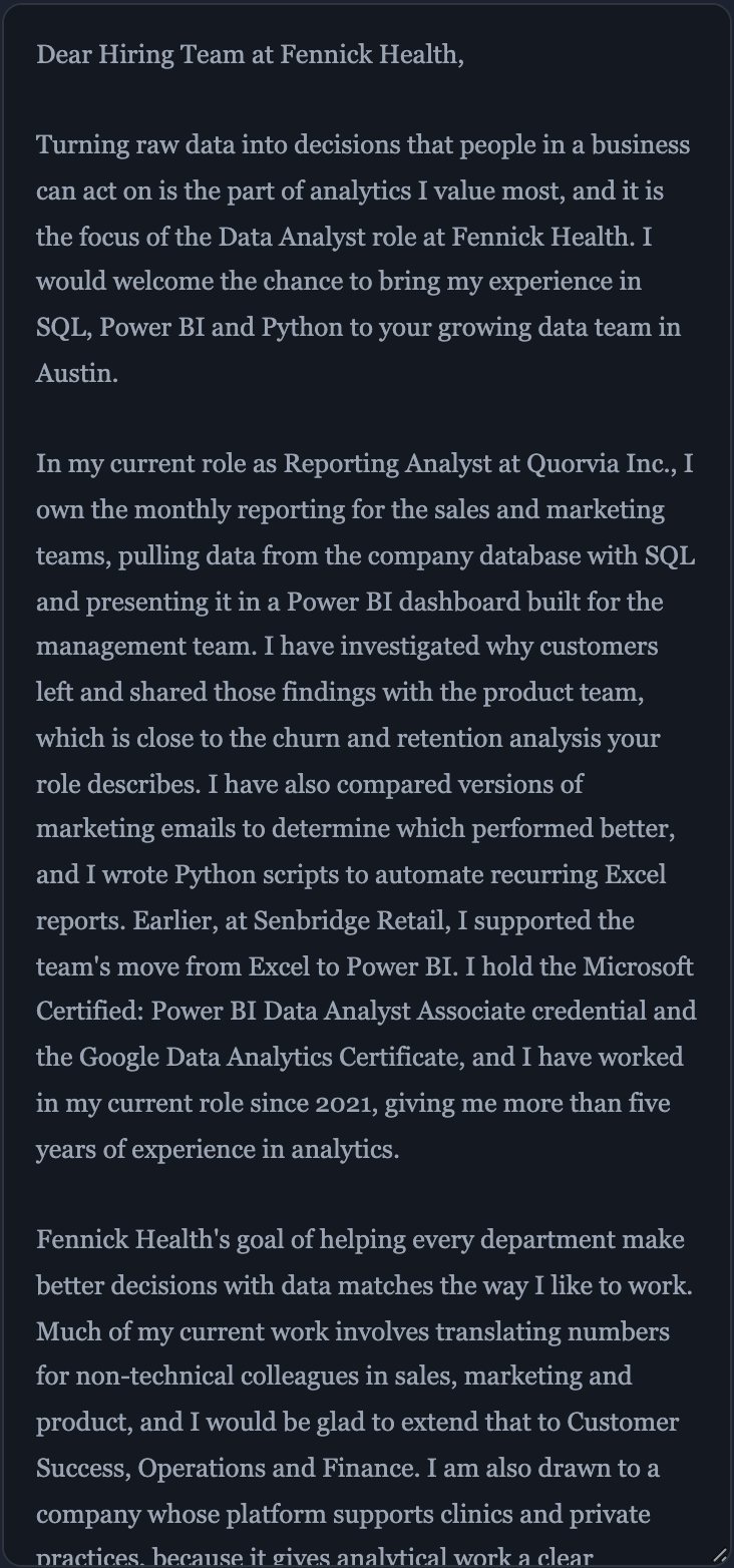 Cover letter: screen from the Upreer dashboard