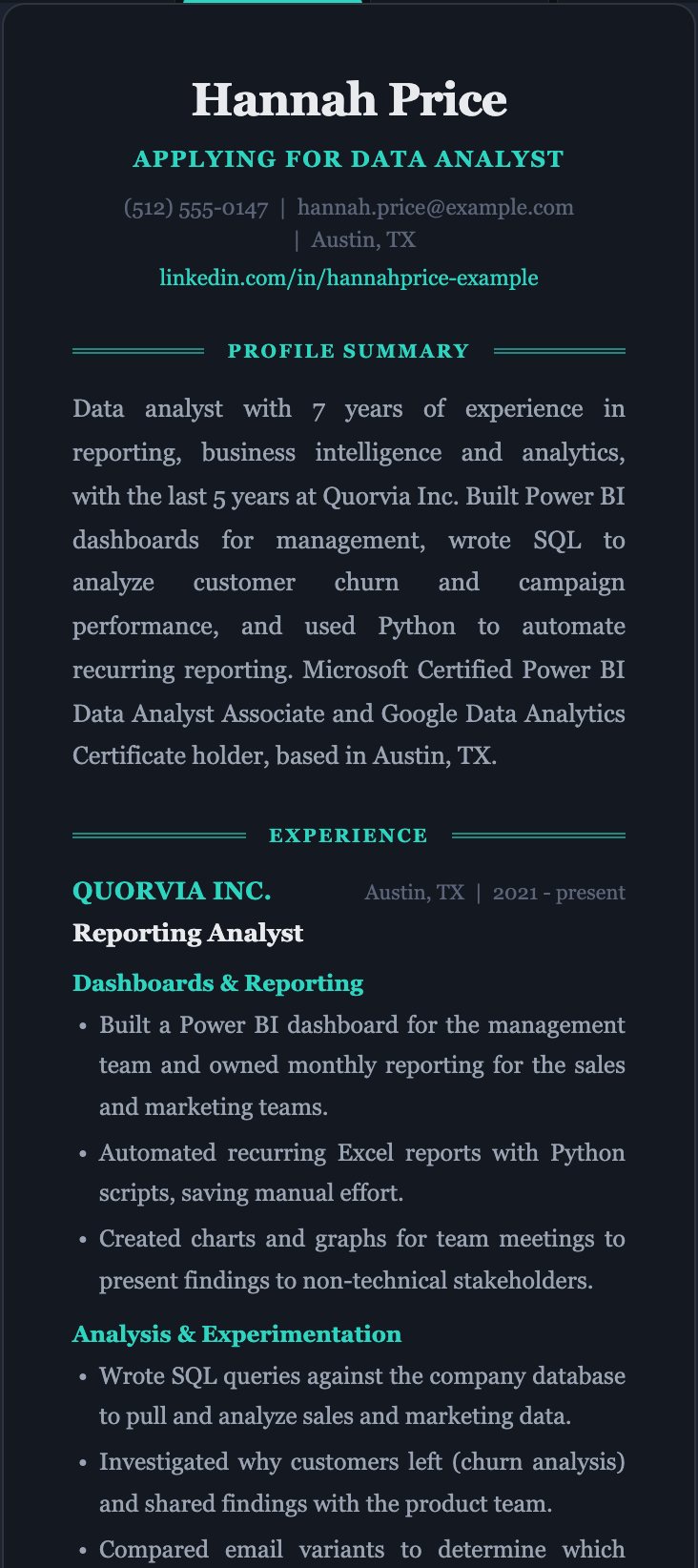 Tailored resume: screen from the Upreer dashboard